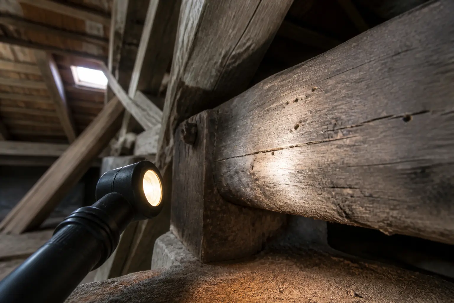 Capricorne des maisons dans un grenier français : poutres anciennes, trous d’envol et sciure fine sous une lampe d’inspection