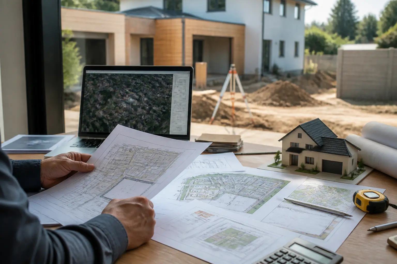 cerfa permis de construire sur un bureau avec plans, maquette de maison, cartes cadastrales et ordinateur en arrière-plan