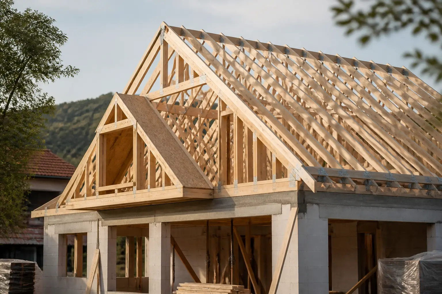 Maison en construction avec charpente fermette en bois, toiture apparente et ambiance technique naturelle.