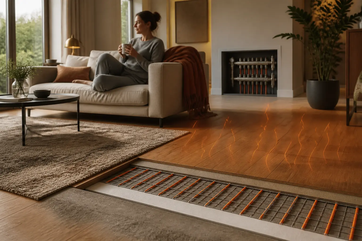 Salon moderne avec chauffage au sol, coupe technique du plancher et confort thermique discret.