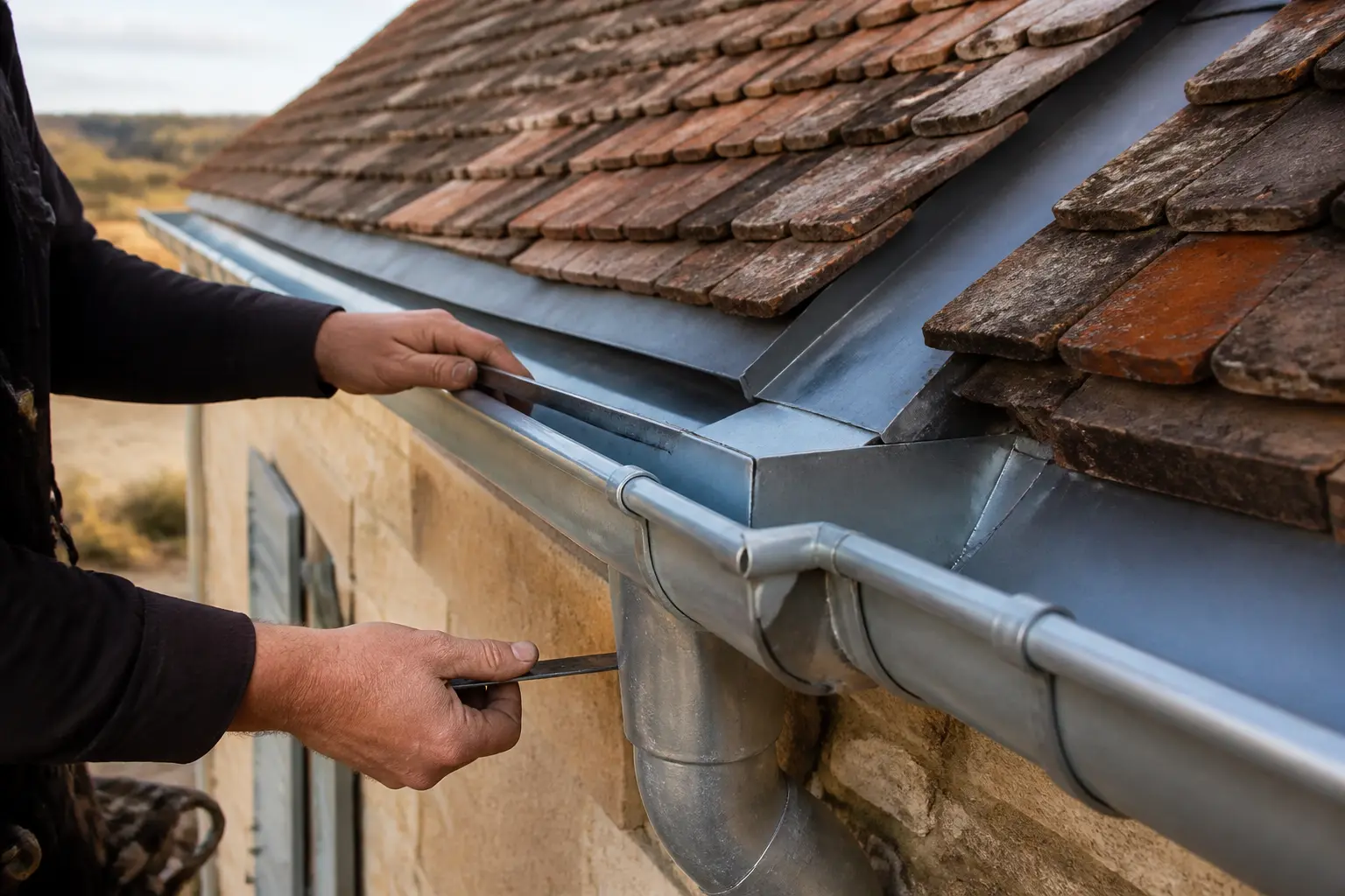 Cheneau zinc sur toit en rénovation, couvreur ajustant gouttière, descente et tuiles d’une maison française