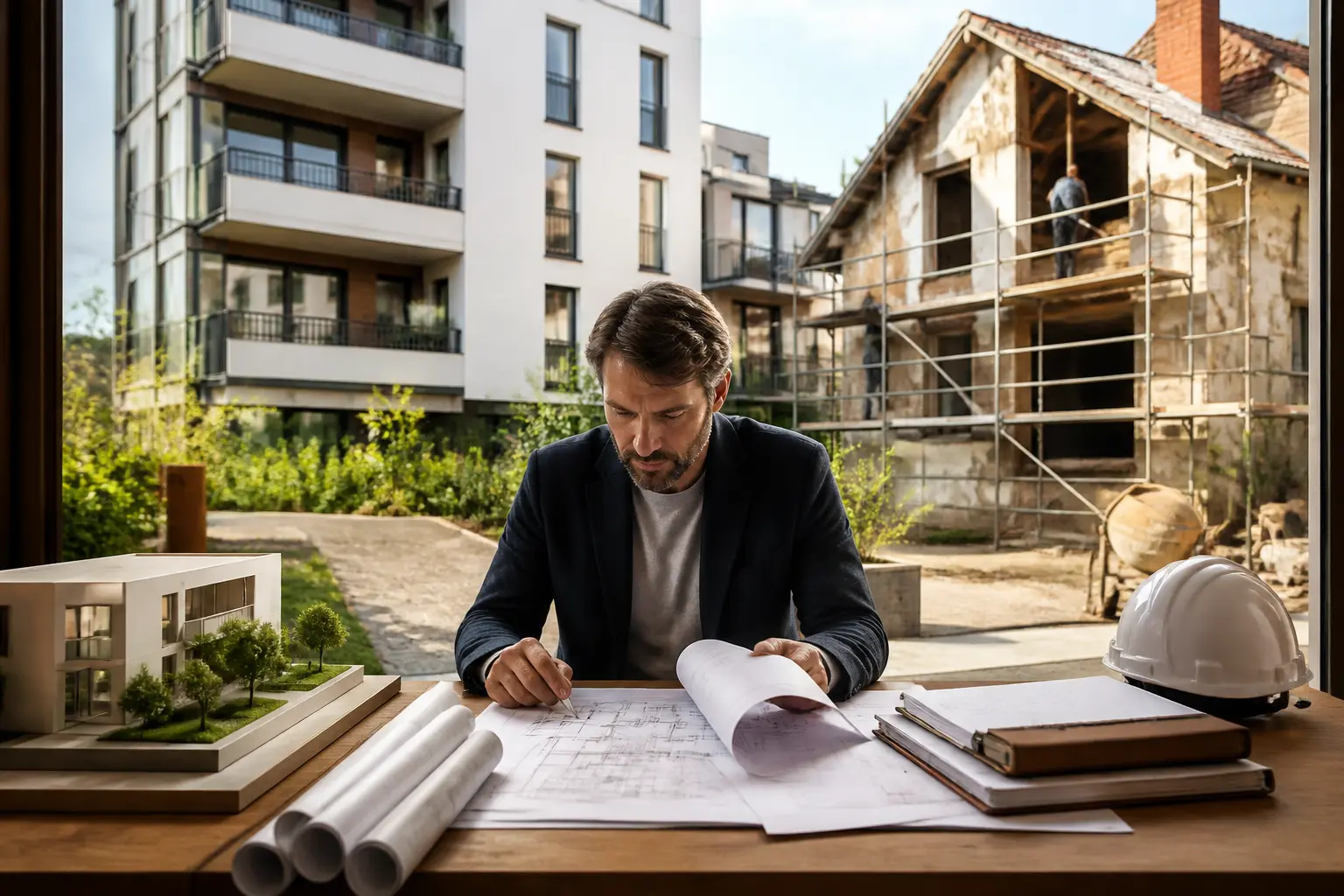 Code de la construction et de l'habitation : immeuble, maison en rénovation et professionnel examinant des plans et documents officiels.
