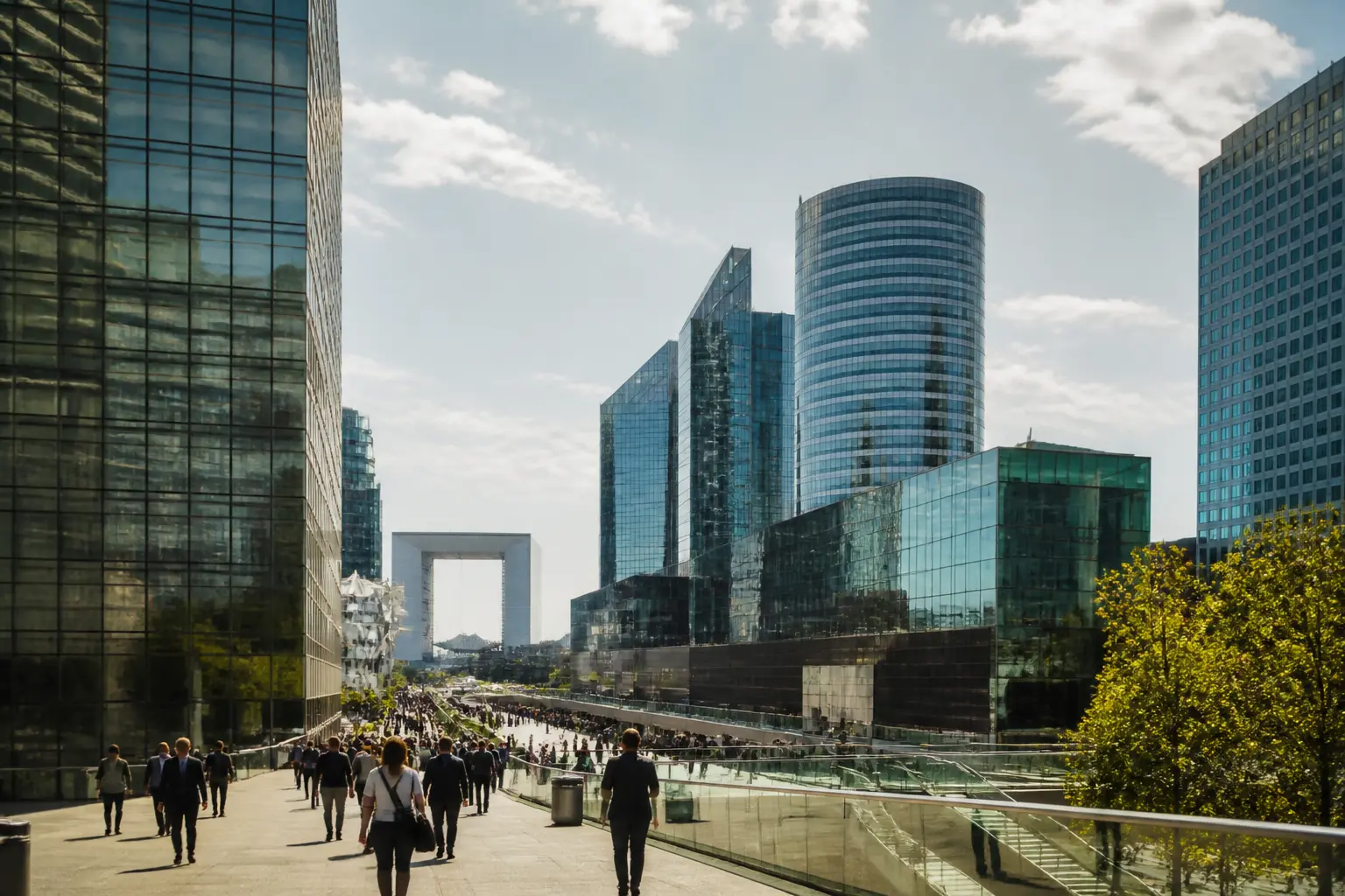 Cœur Défense à La Défense, vaste complexe de bureaux vitré avec Grande Arche, esplanade animée et ambiance d’affaires