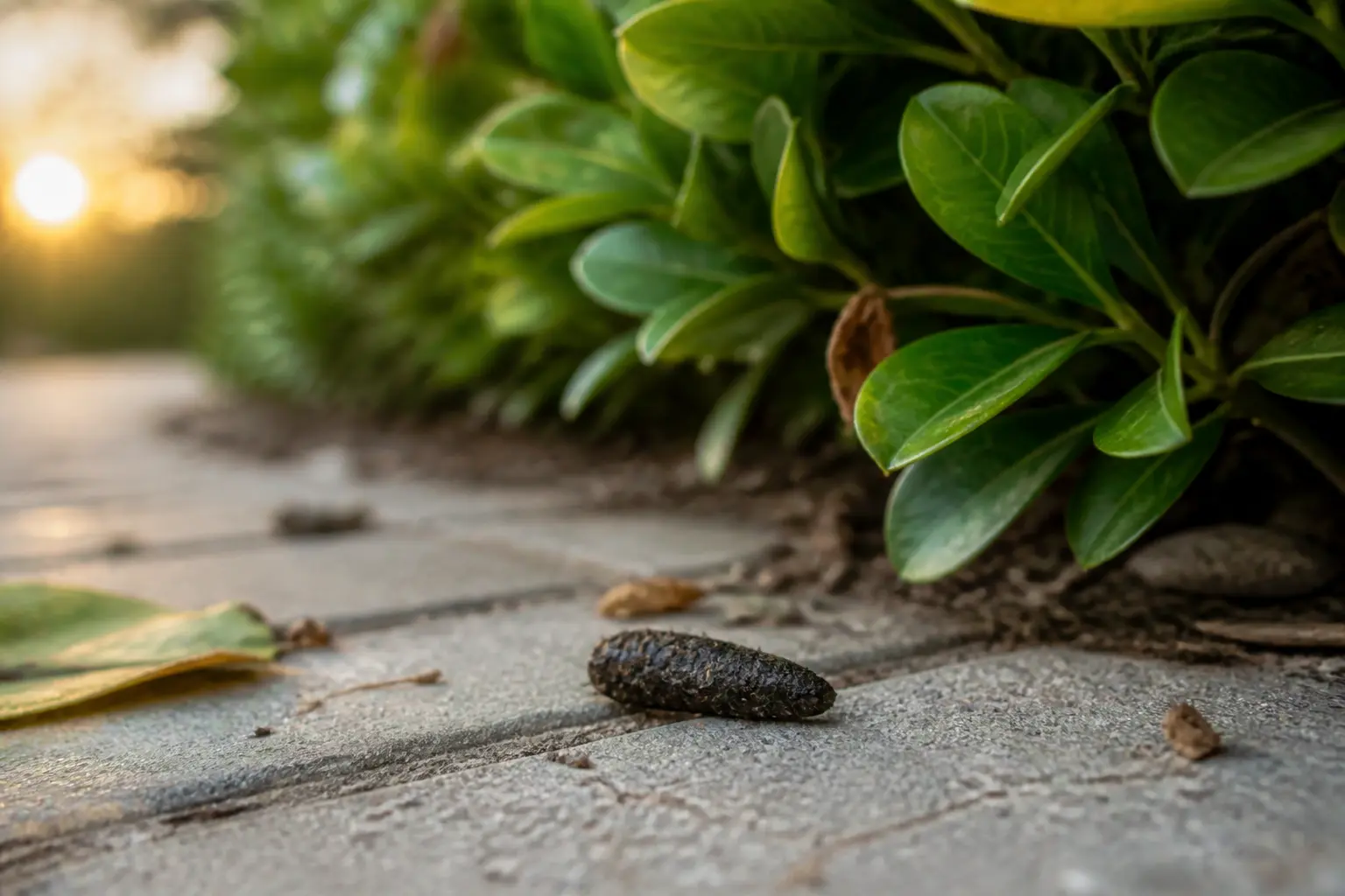 Crottes de hérisson sur une terrasse près d’une haie, gros plan réaliste au jardin au lever du jour