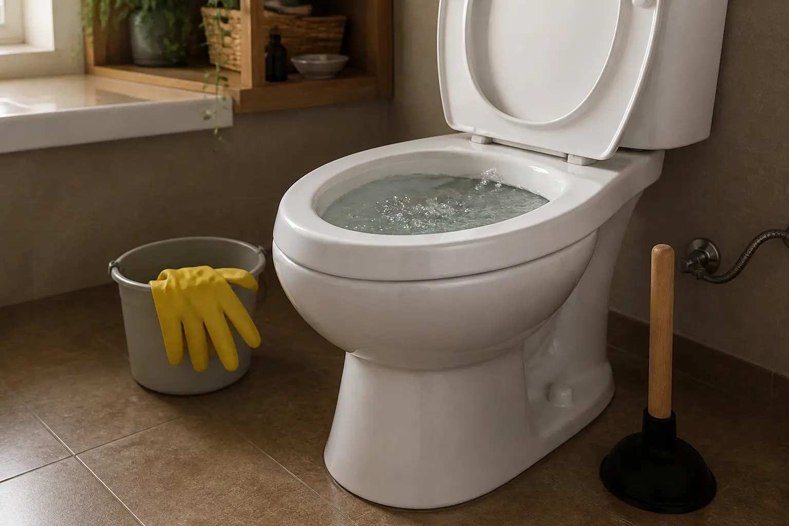 Déboucher des toilettes : WC moderne avec eau qui monte, ventouse, gants et seau dans une salle de bain propre.