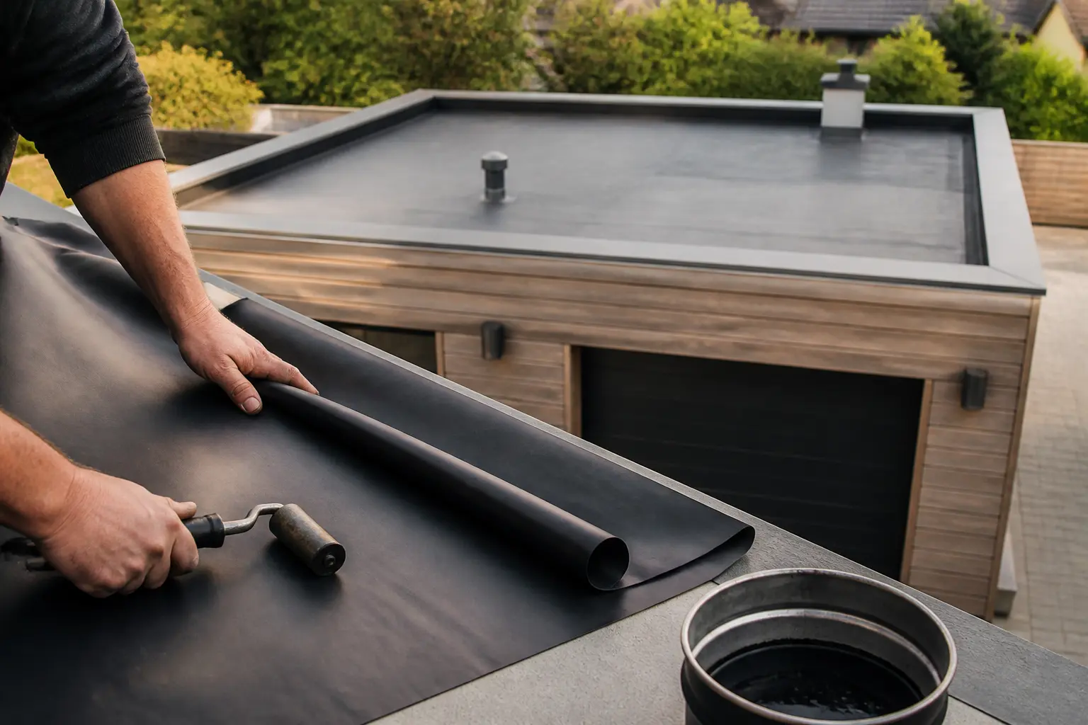 epdm toiture sur toit plat moderne, pose d’une membrane noire par un couvreur avec outils et détails d’étanchéité