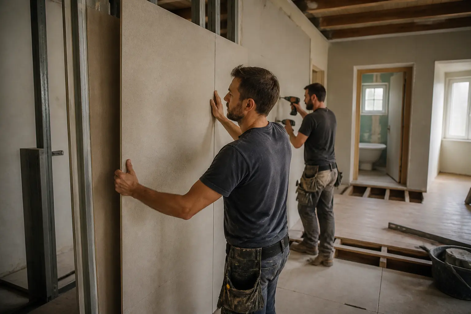Pose de panneaux fermacell par un artisan dans une rénovation intérieure, avec outils et chantier en cours.