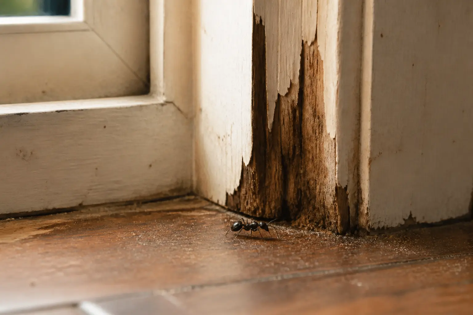 Fourmi charpentière près d’une plinthe en bois, avec traces d’humidité sur un encadrement intérieur