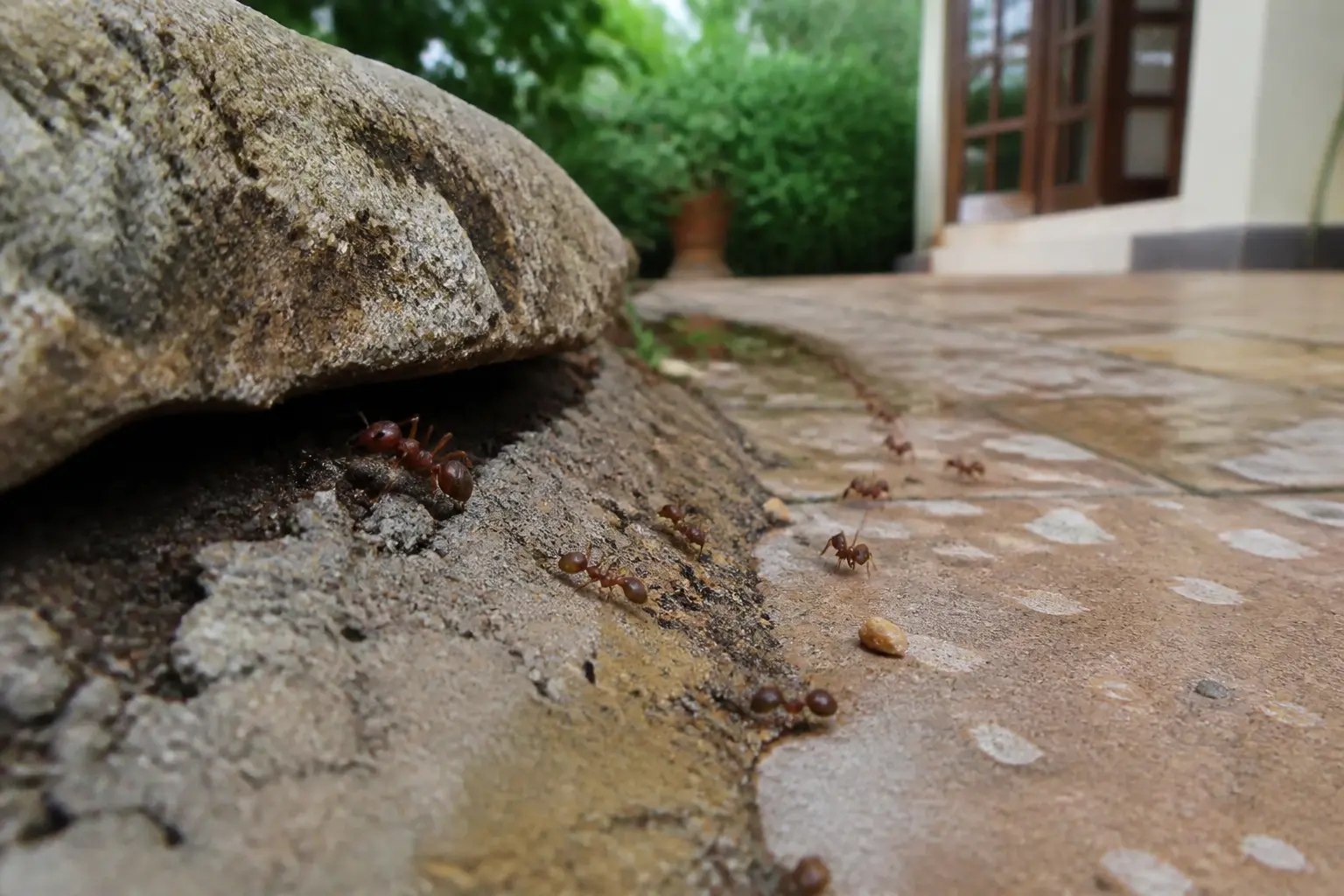 Fourmi rouge sous une pierre près d’une terrasse, avec une piste menant vers la maison après la pluie.