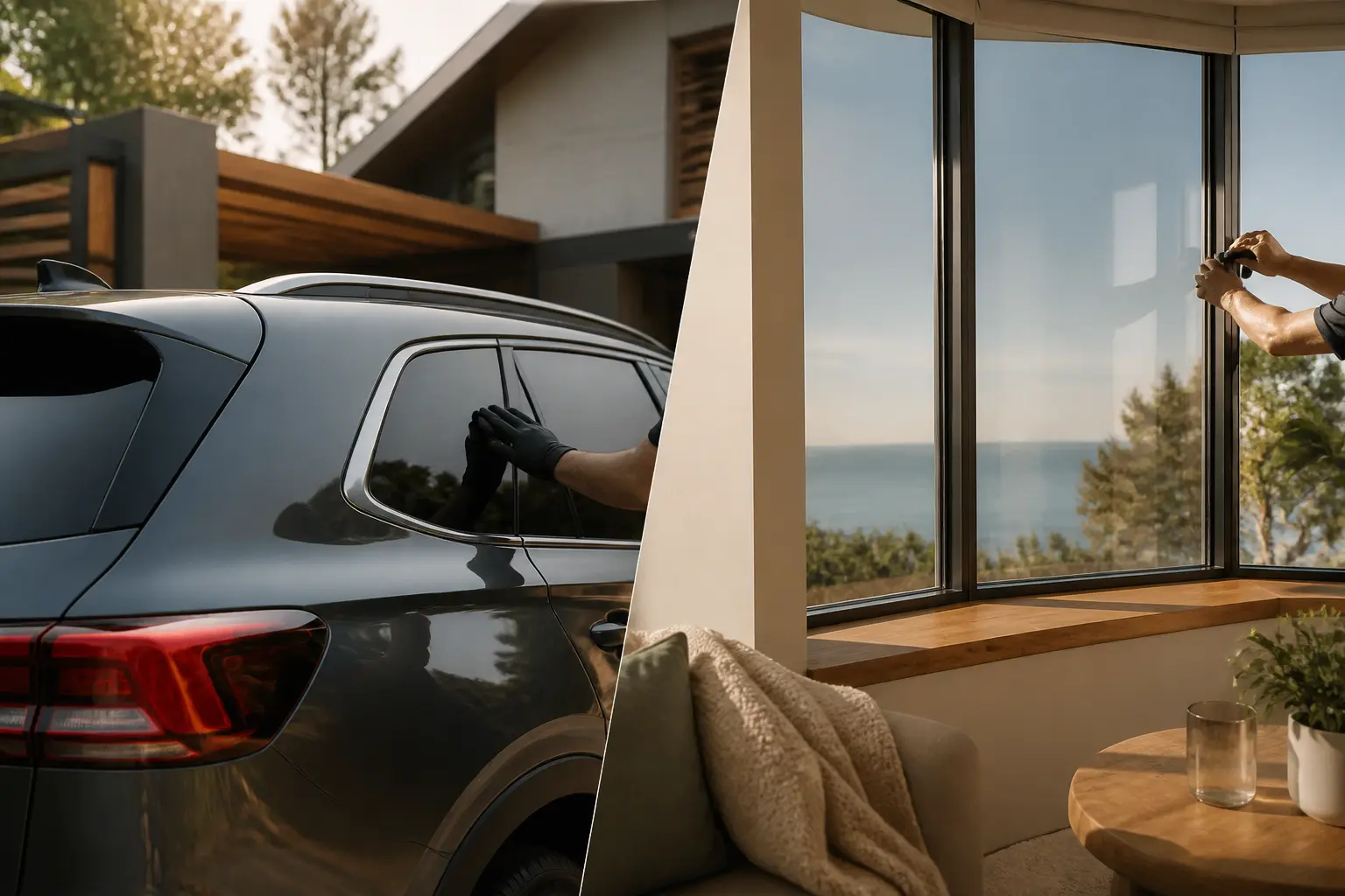 Glastint : voiture aux vitres teintées et intérieur avec baie vitrée filmée, pose pro, confort et protection UV