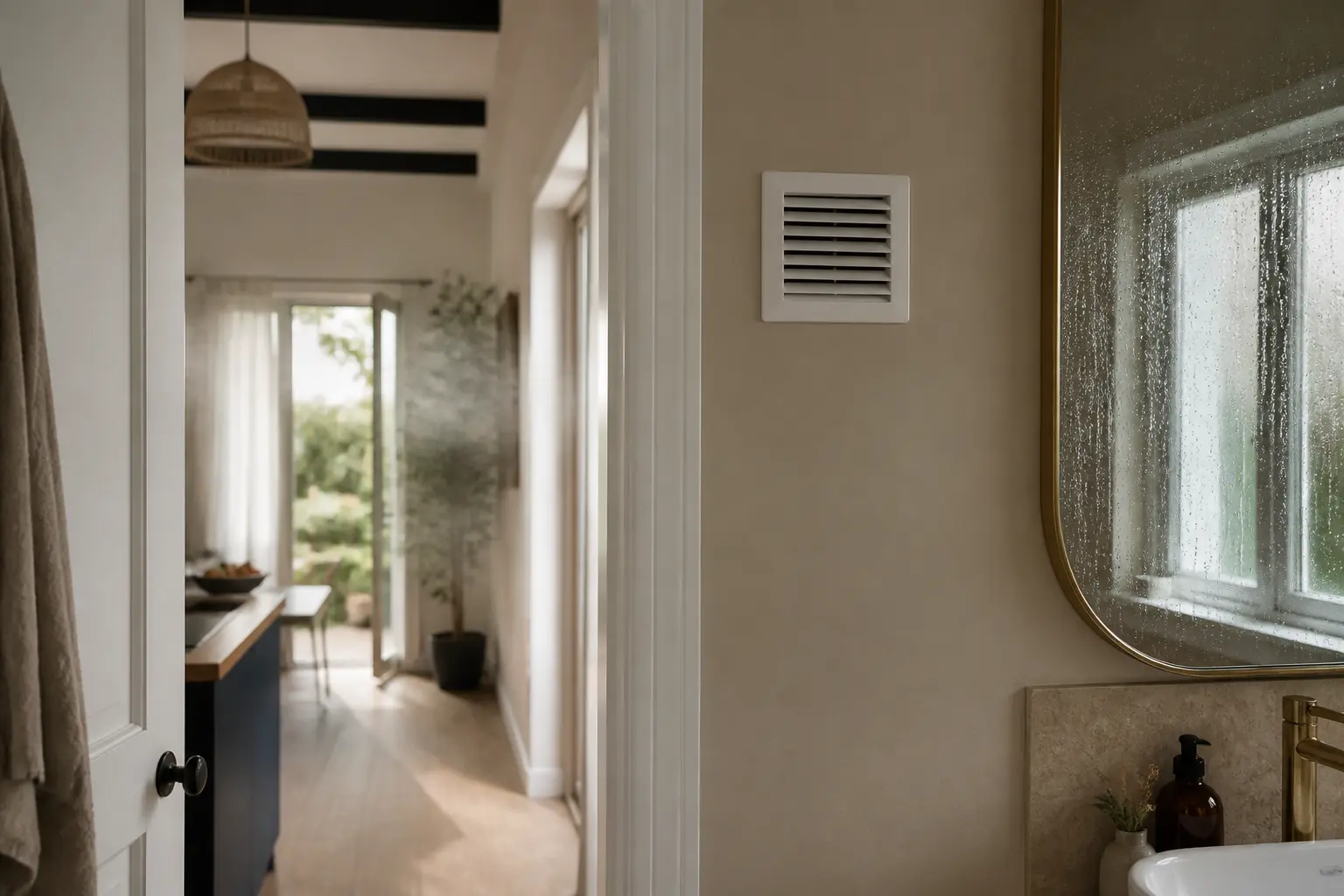 Grille ventilation murale dans un intérieur français humide, avec condensation, porte entrouverte et lumière naturelle douce