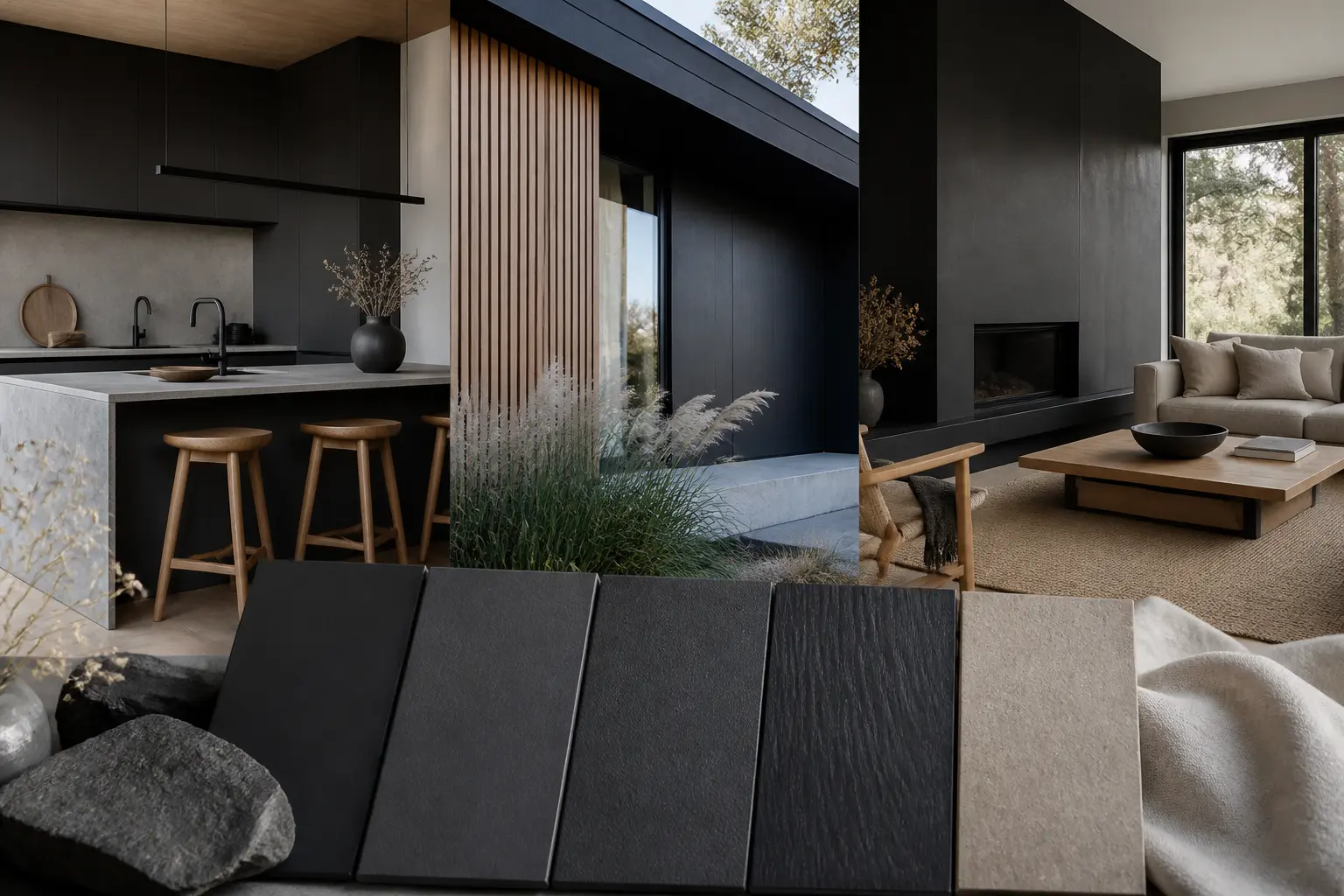Intérieur moderne en gris anthracite avec bois clair, murs off-white et détails noirs, ambiance élégante et naturelle