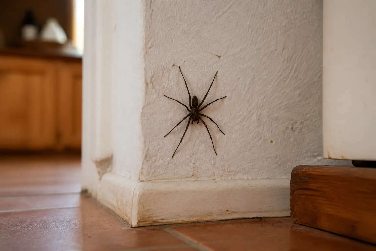 Grosse araignée brune sur un mur de cuisine, vue réaliste d’identification dans un intérieur domestique calme