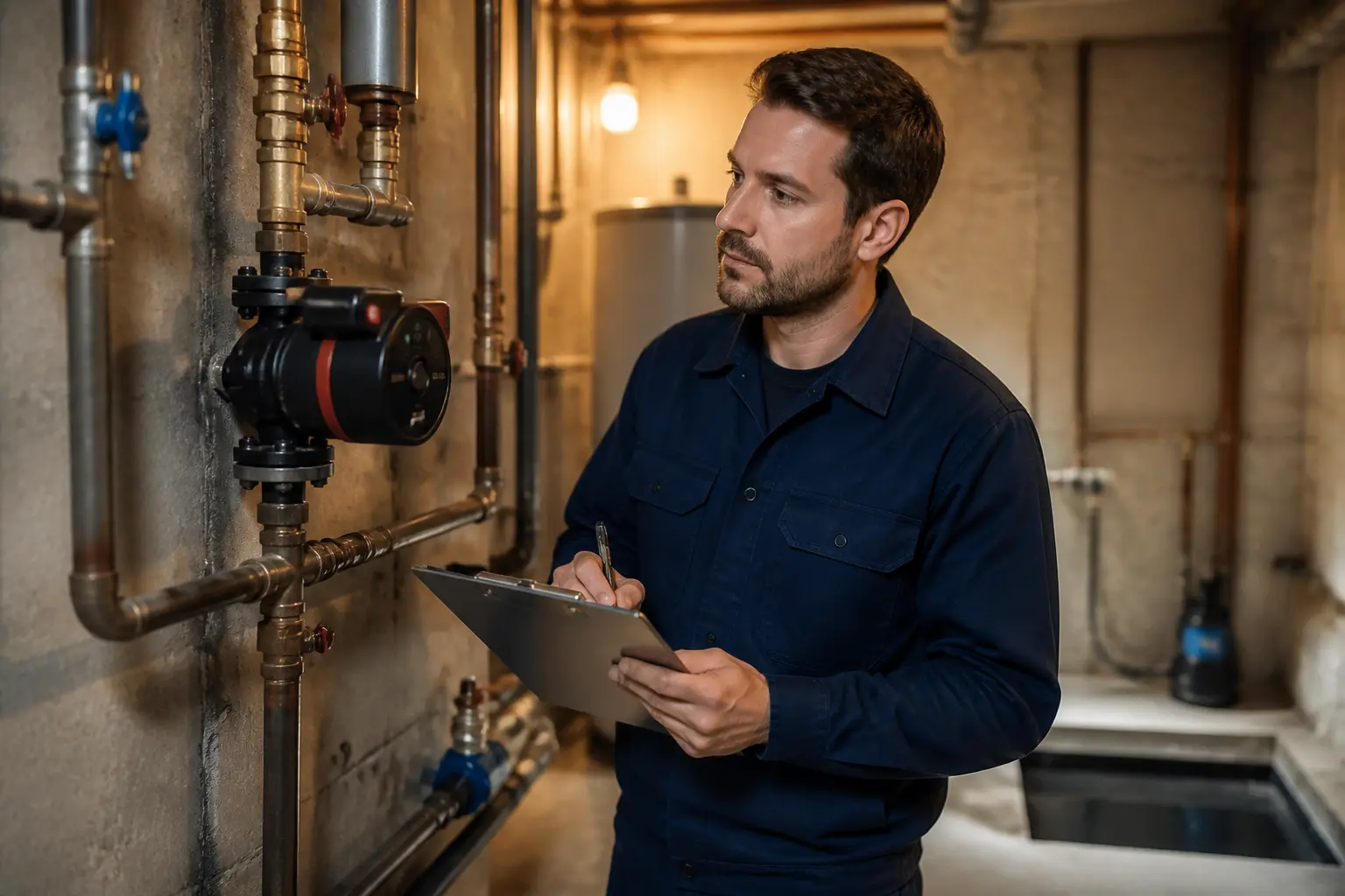 Technicien en chaufferie française inspectant une pompe Grundfos sur tuyaux de chauffage, ambiance industrielle soignée