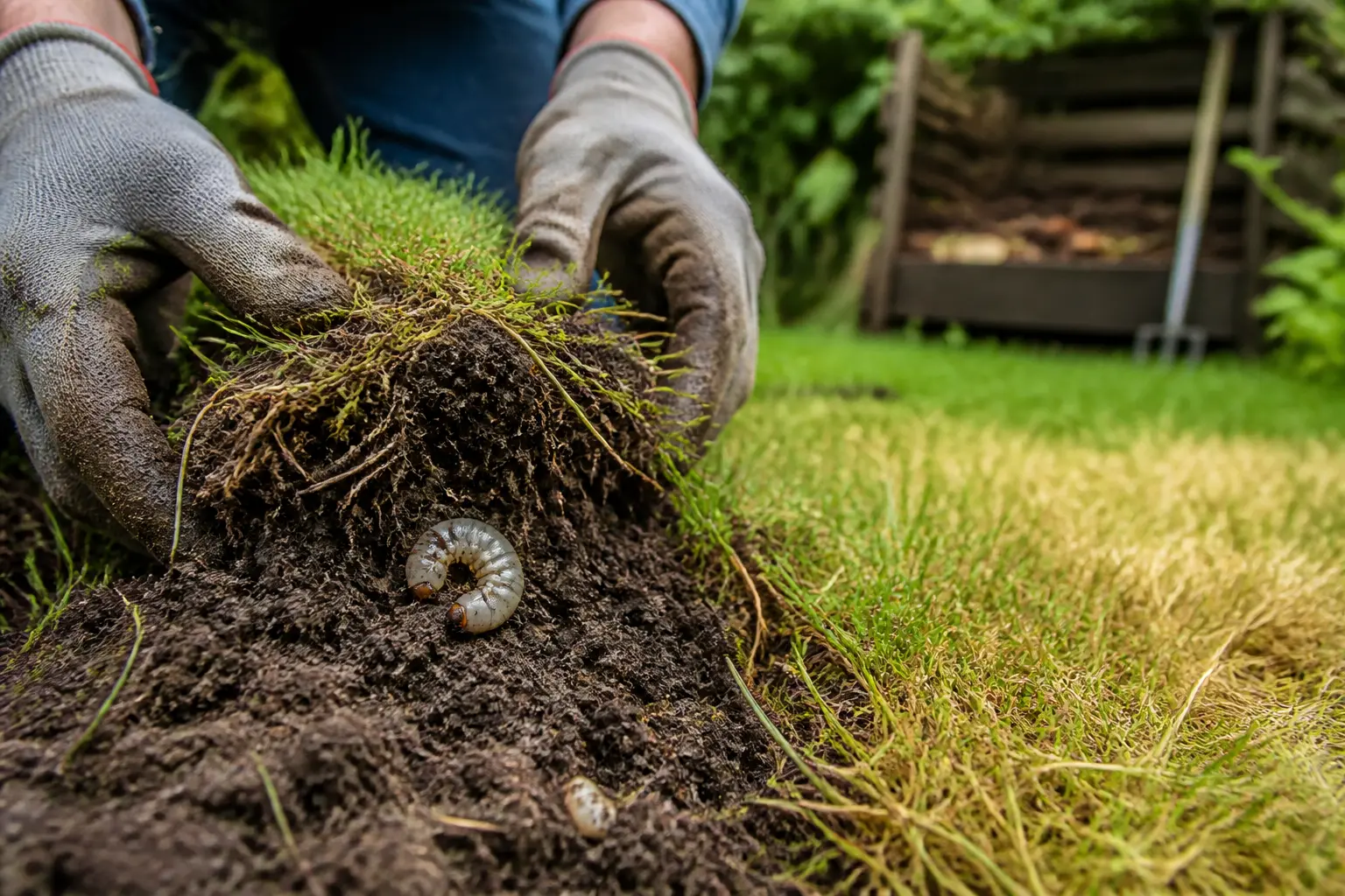 Mains du jardinier soulevant la pelouse pour révéler une hanneton larve blanche dans la terre, gazon jauni et racines visibles