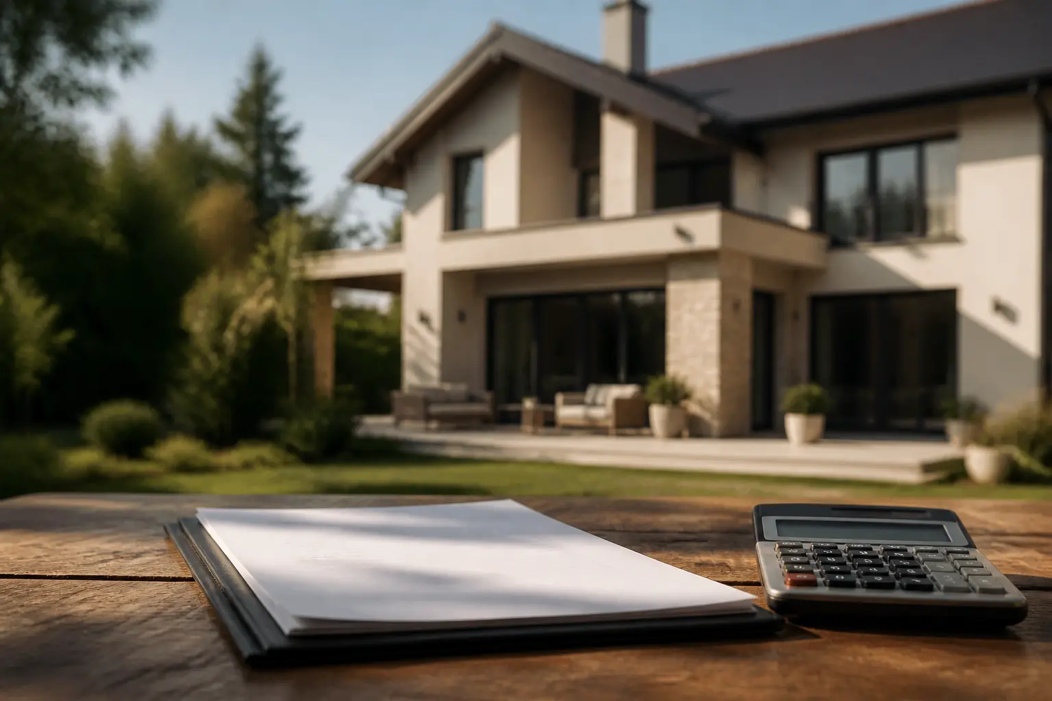 Maison moderne avec contrat d’assurance et calculatrice, illustrant l’indice ffb et la hausse des coûts de construction