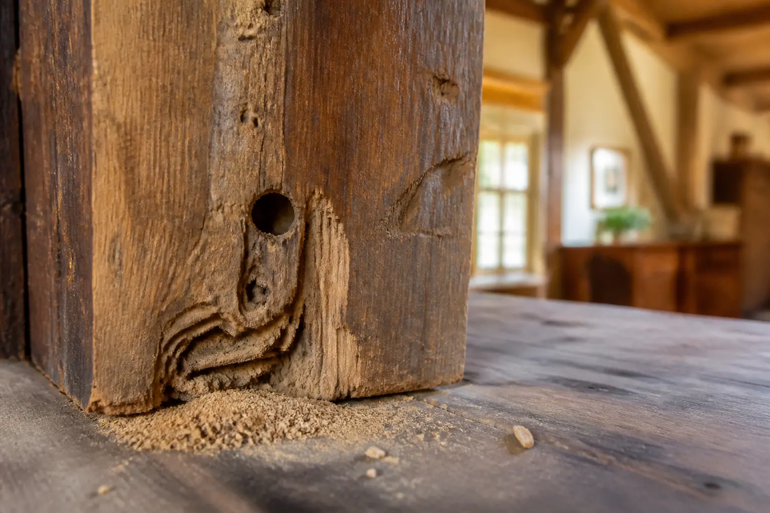 Insecte bois sur poutre ancienne avec trou de sortie, sciure fine et galeries visibles dans un intérieur de maison