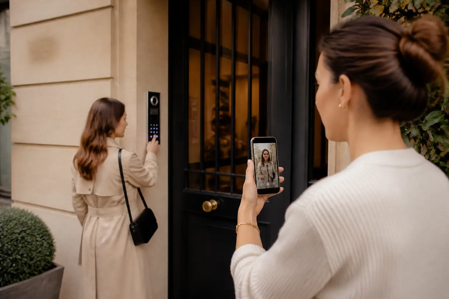 Entrée d’immeuble moderne avec intratone, résident répondant au visiophone sur smartphone et visiteur au portail sécurisé