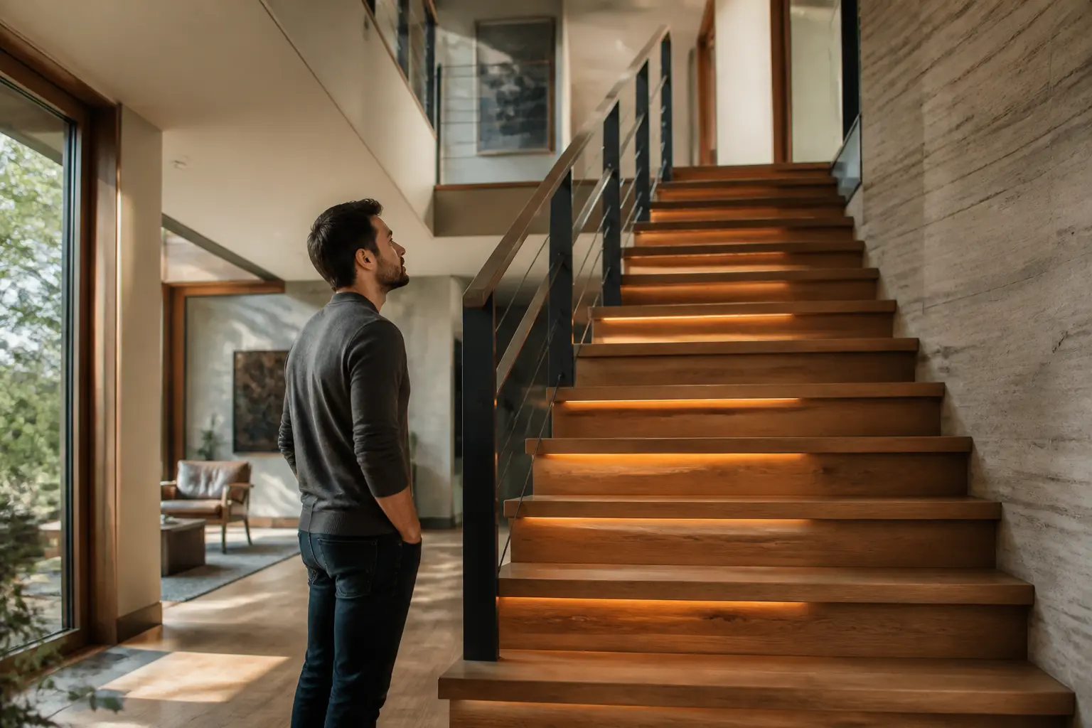 loi de blondel : escalier intérieur moderne, personne observant les marches, ambiance chaleureuse et ergonomique