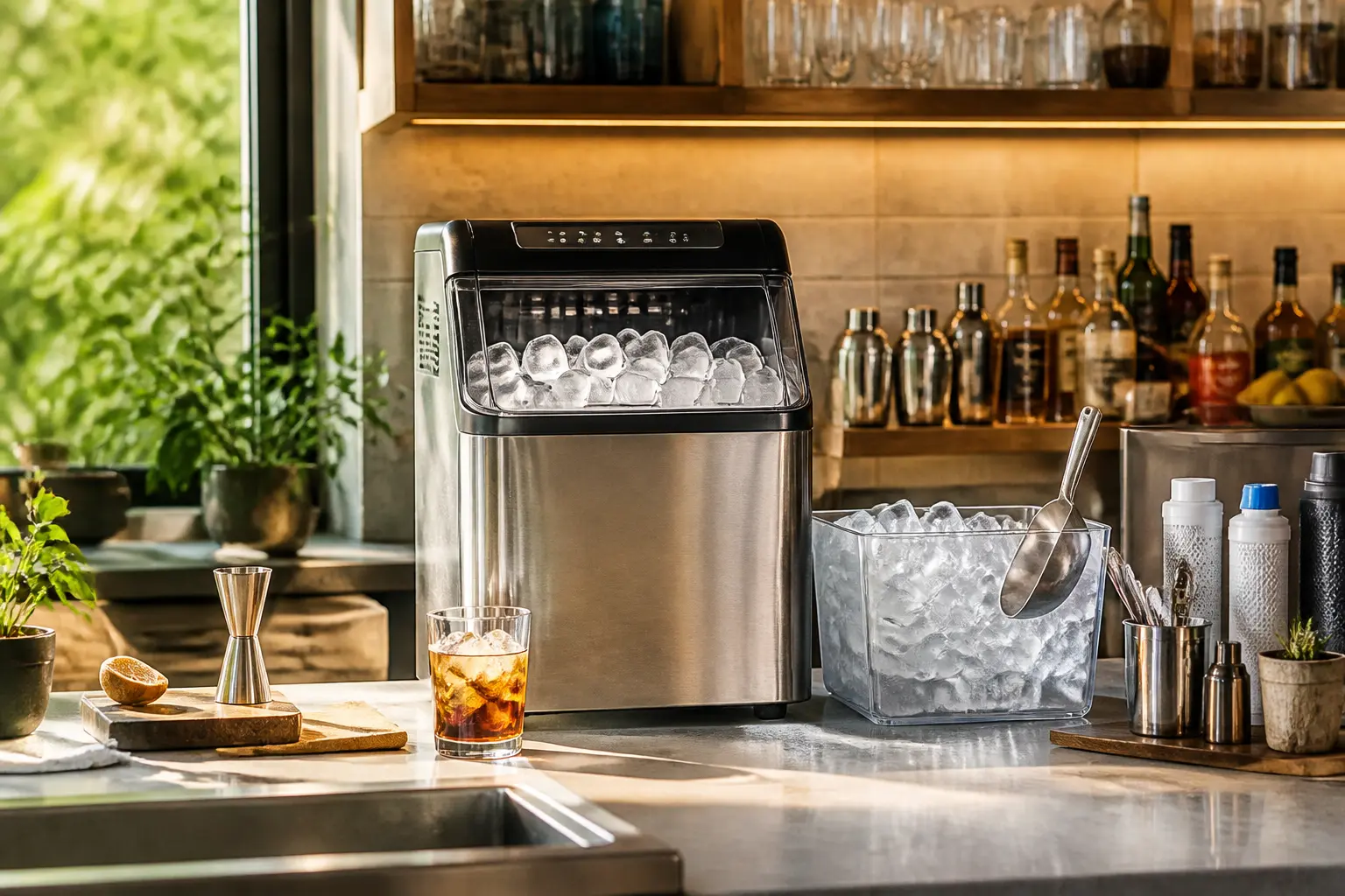 Machine à glaçons en inox dans une cuisine moderne, avec glaçons clairs, verre frais et accessoires de bar