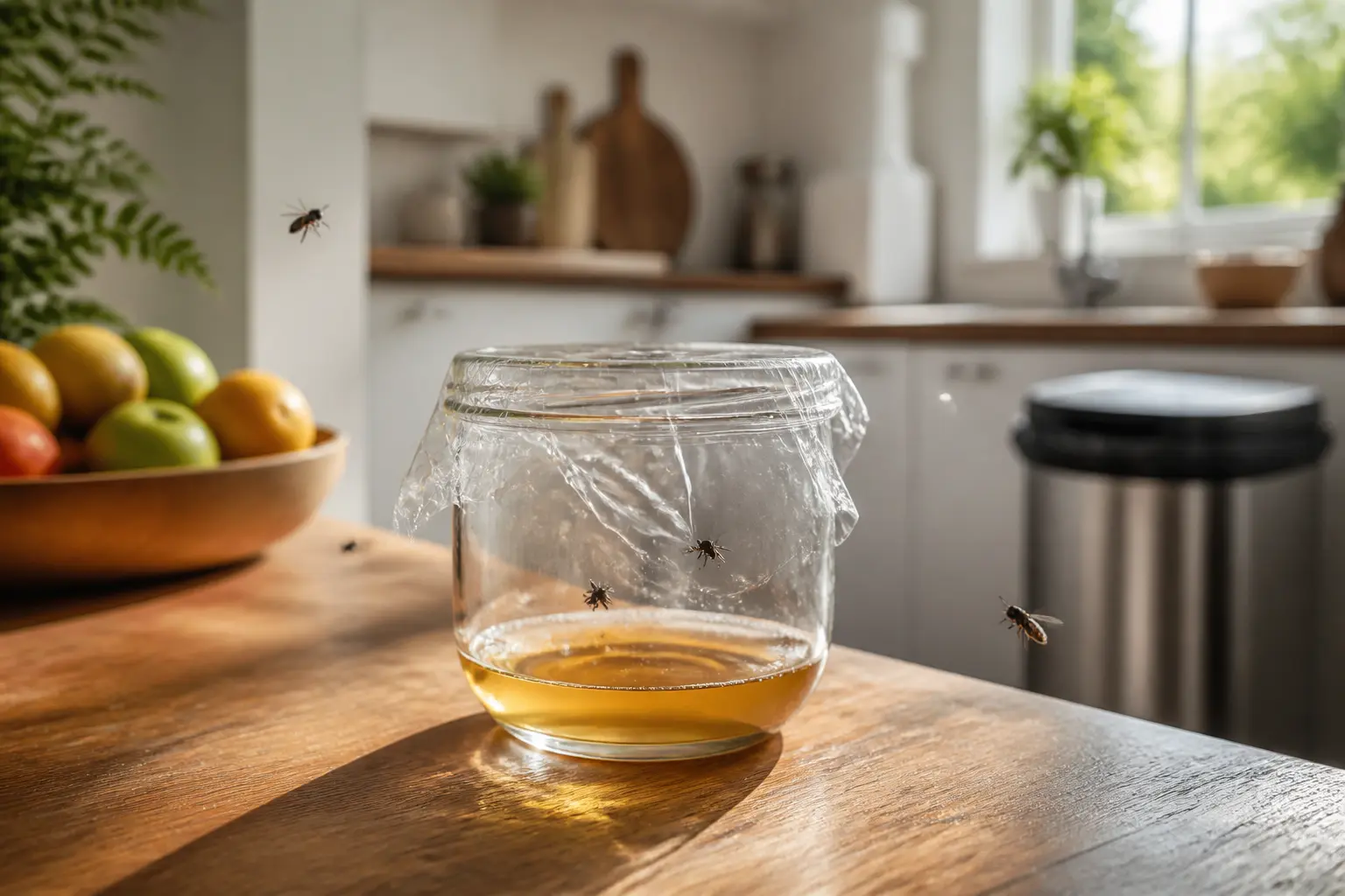Piege a mouche maison dans une cuisine moderne, bocal en verre avec appât vinaigre-sucre et quelques mouches autour