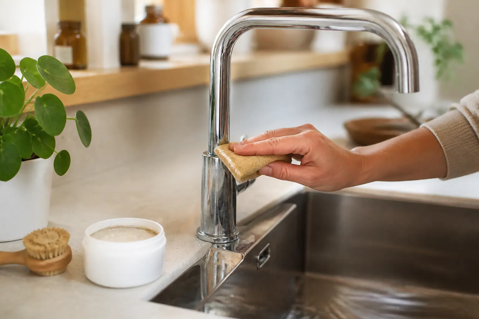 Main avec éponge nettoyant un évier inox avec pierre d'argile, cuisine lumineuse et surfaces brillantes