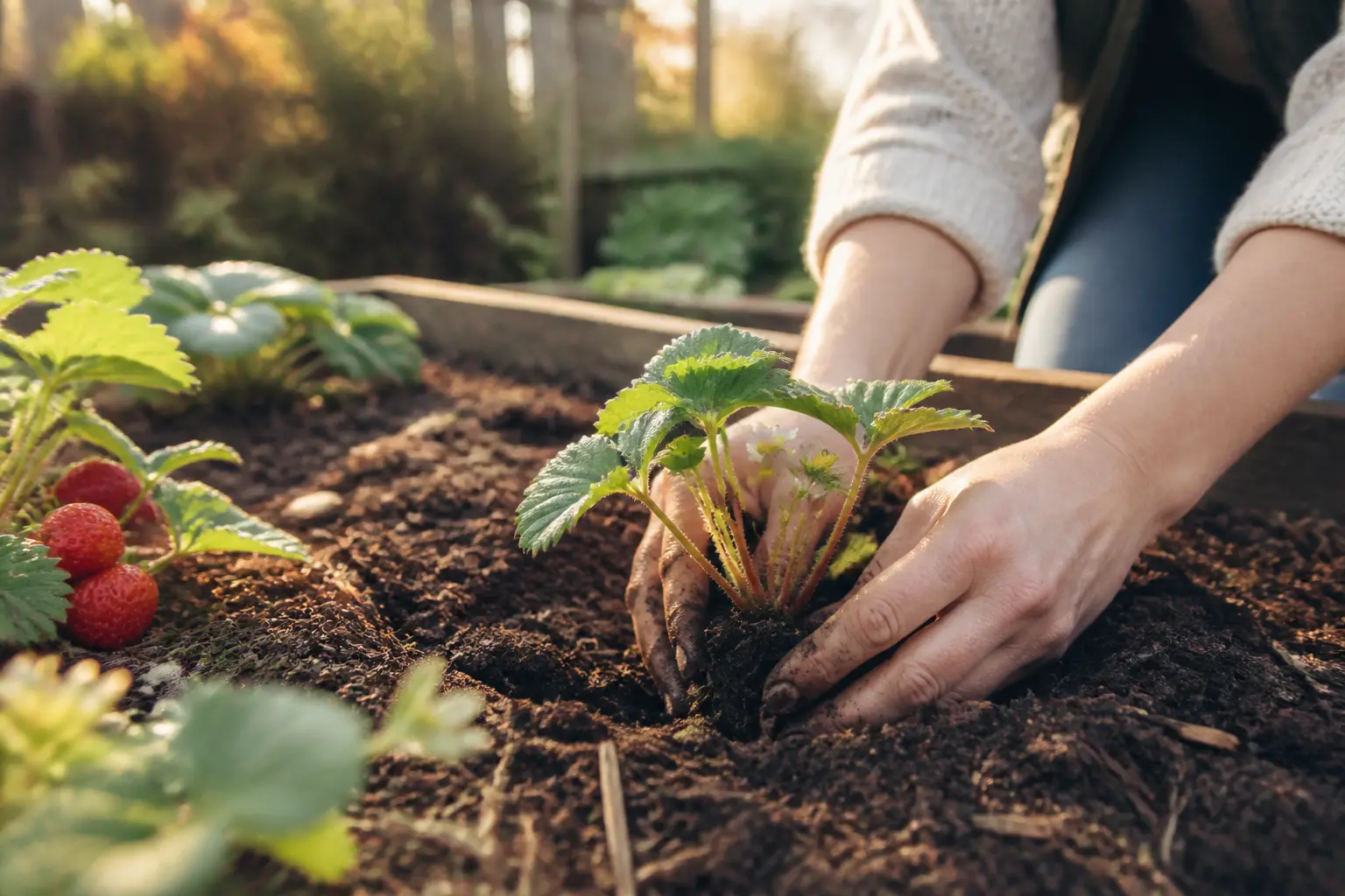 Mains de jardinier en train de planter fraisier dans un potager, avec compost, paillis et fraises mûres au soleil doux