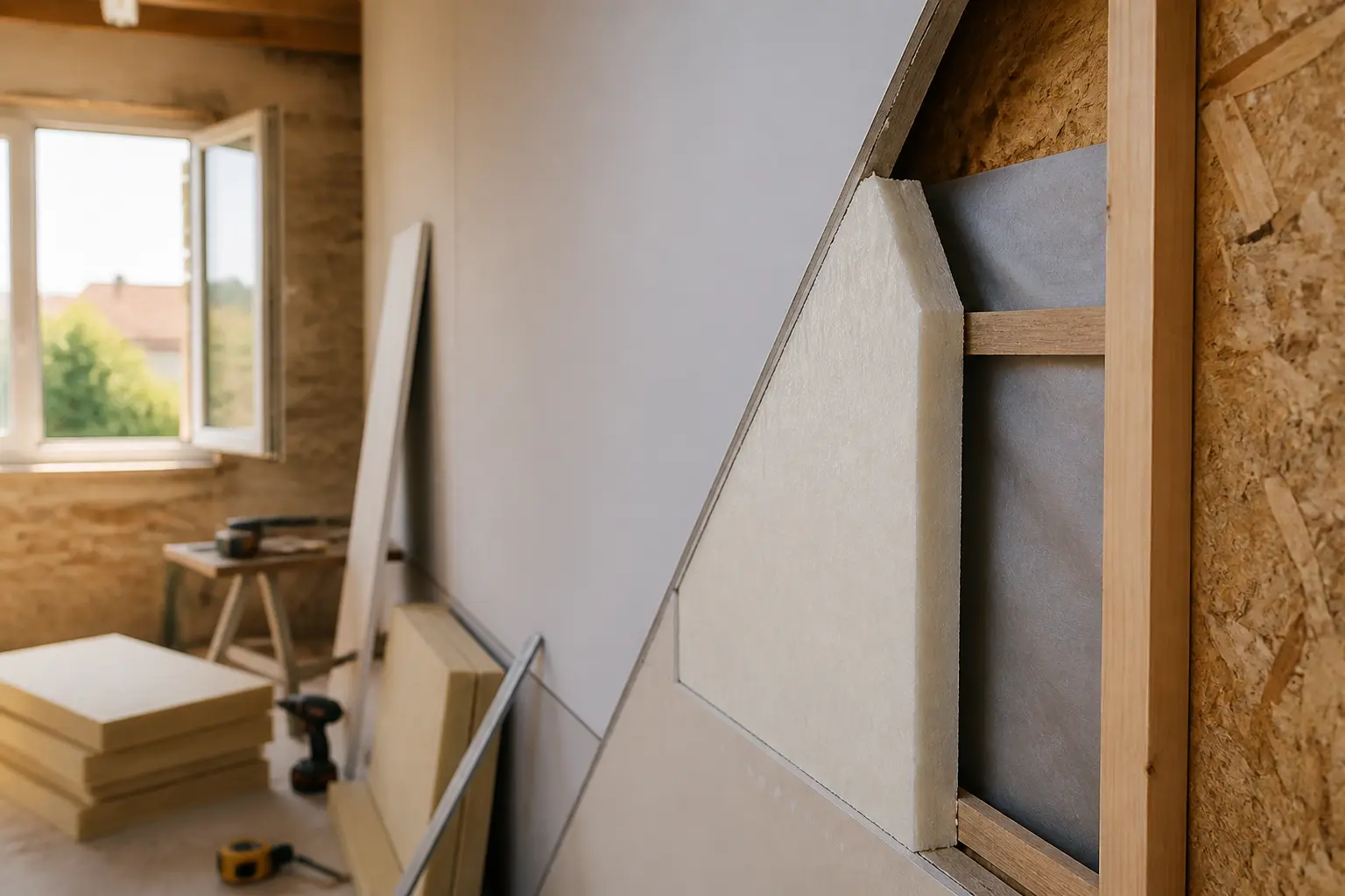 Polyuréthane isolant posé sur un mur en rénovation, panneaux rigides fins, intérieur moderne, lumière naturelle chaude