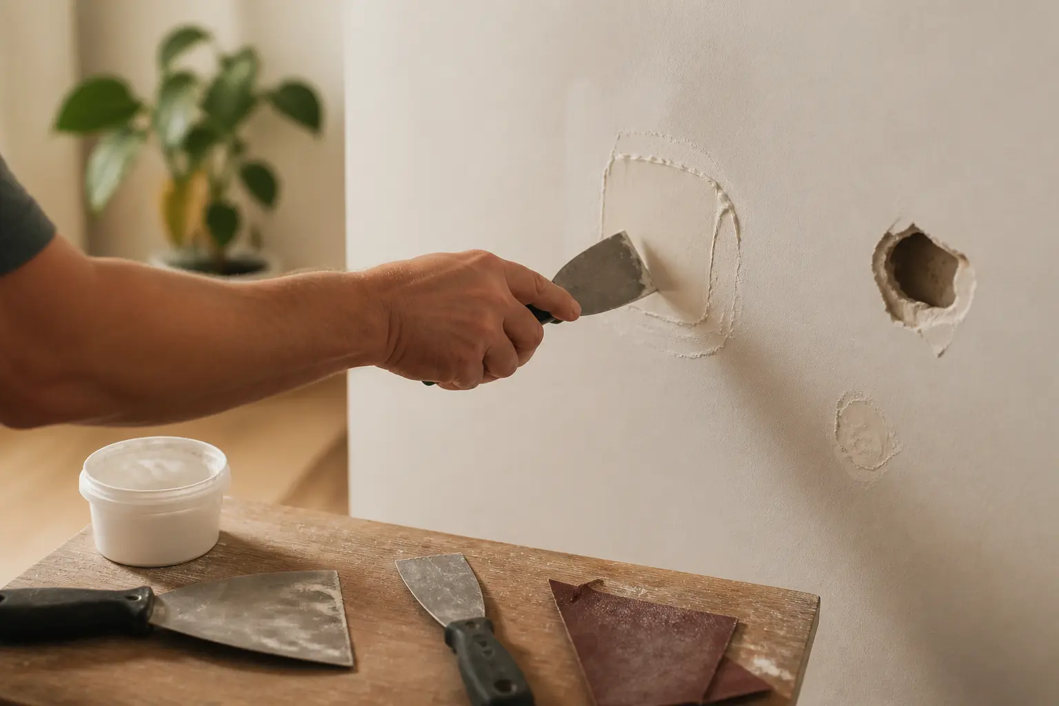 Main reboucher les trous des murs sur mur en plâtre, outils de bricolage et enduit, lumière naturelle douce