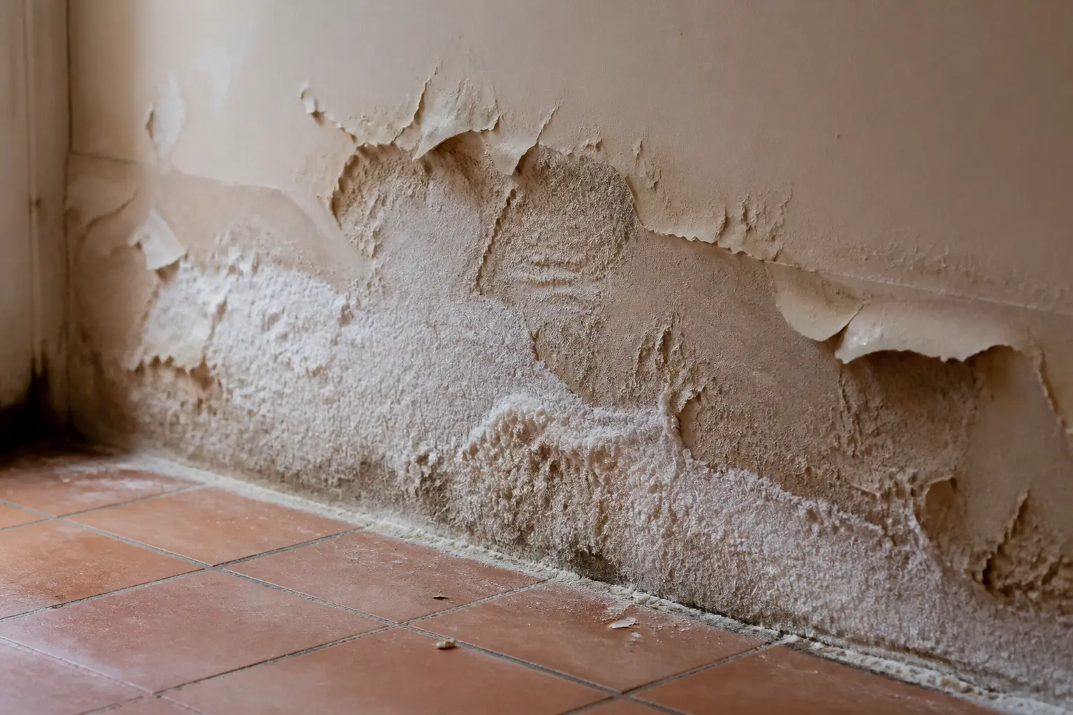Salpetre sur un mur intérieur humide, peinture écaillée et plâtre friable dans une pièce de sous-sol froide.