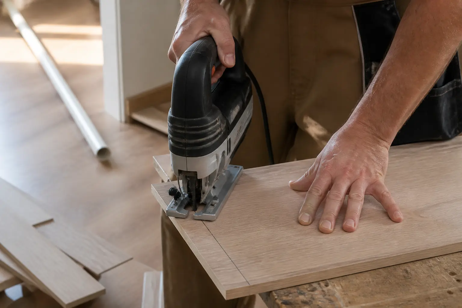 Scie sauteuse en action sur une planche de bois, mains d’artisan, atelier de rénovation, coupe précise et nette