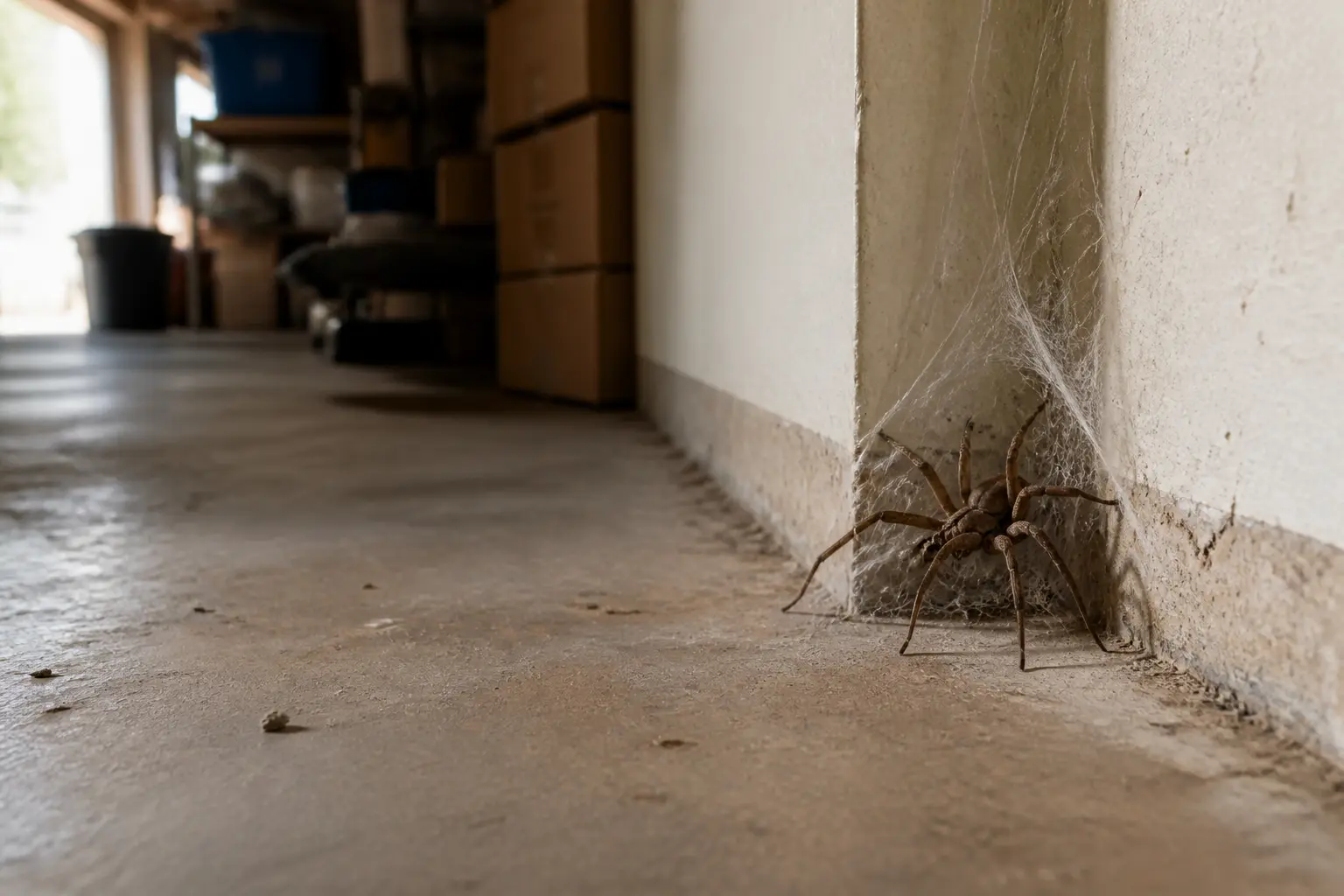 Tegenaire dans un garage sombre, près d’un angle de mur avec toile en entonnoir, ambiance réaliste et humide