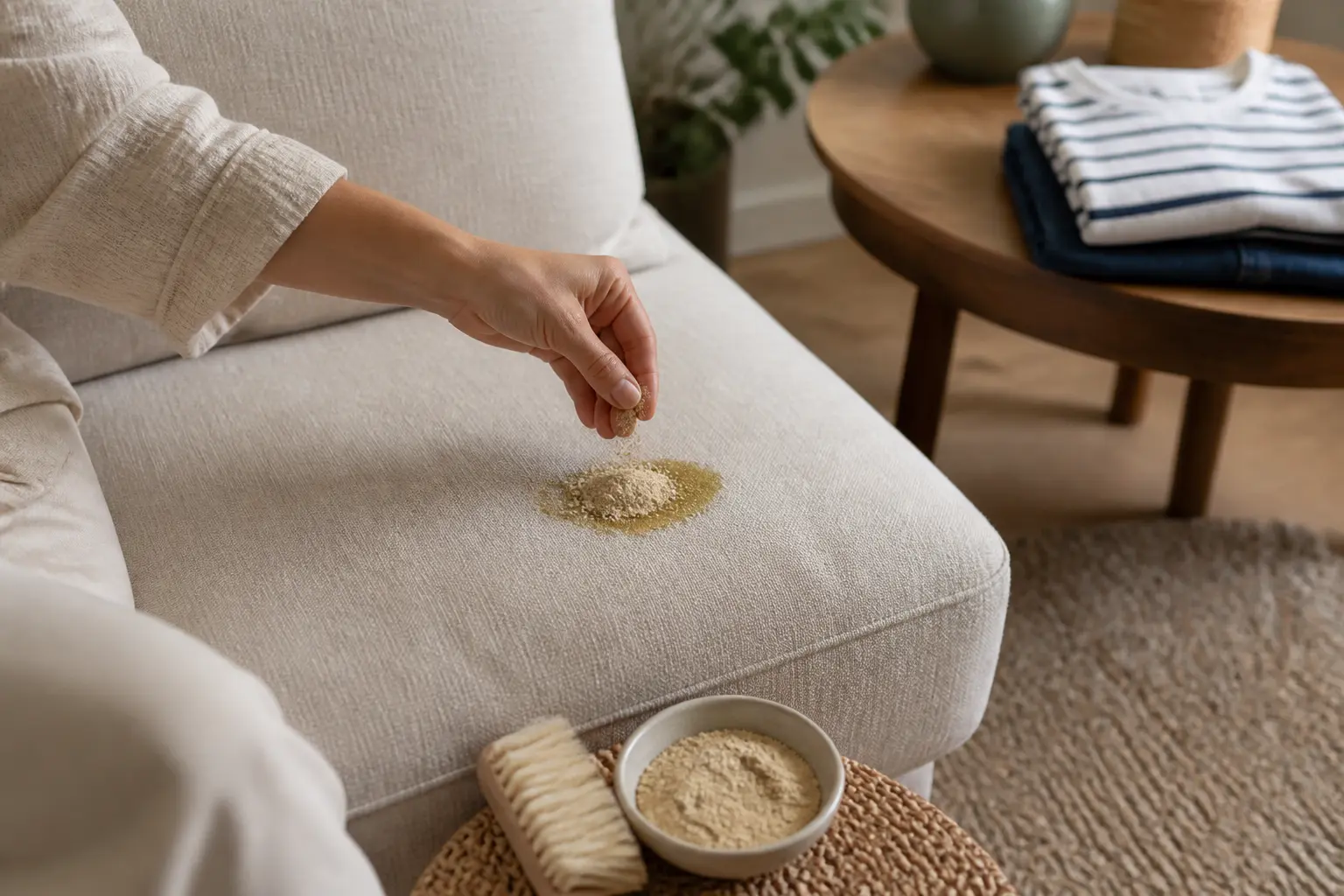 Terre de sommières sur une tache d’huile d’un canapé en tissu, avec bol de poudre et brosse dans un salon chaleureux