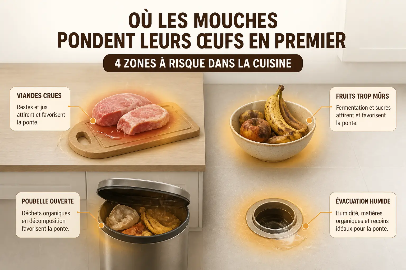 Dans la maison, les zones où les mouches pondent d’abord