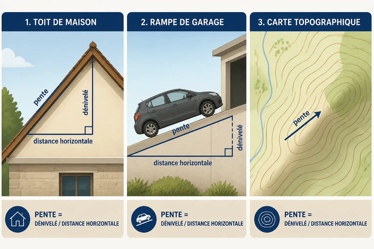 Exemples concrets : toit, rampe et terrain en pente