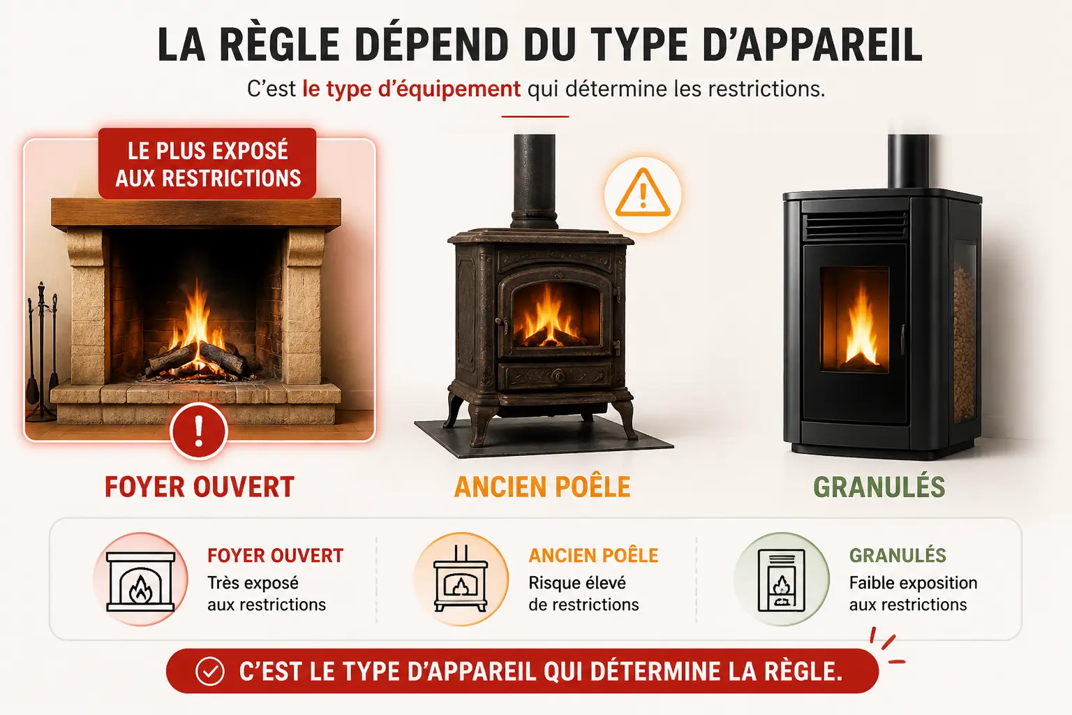 Foyer ouvert, ancien poêle, insert, granulés : les cas réellement concernés