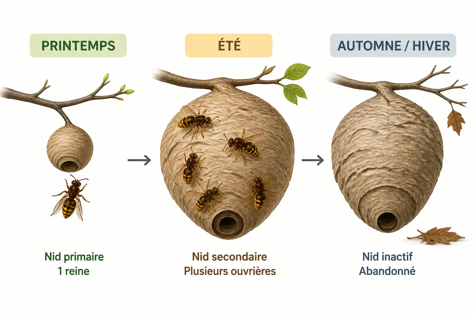 Le cycle de vie d’un nid de frelon, du printemps à l’hiver