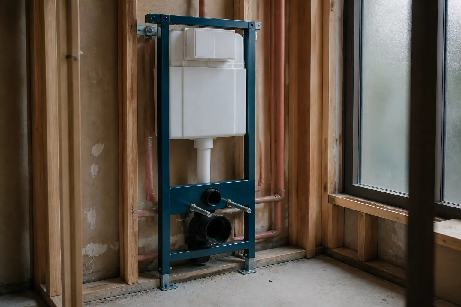 Bati support de WC suspendu en cours d’installation dans une salle de bain en rénovation, avec tuyauterie apparente.