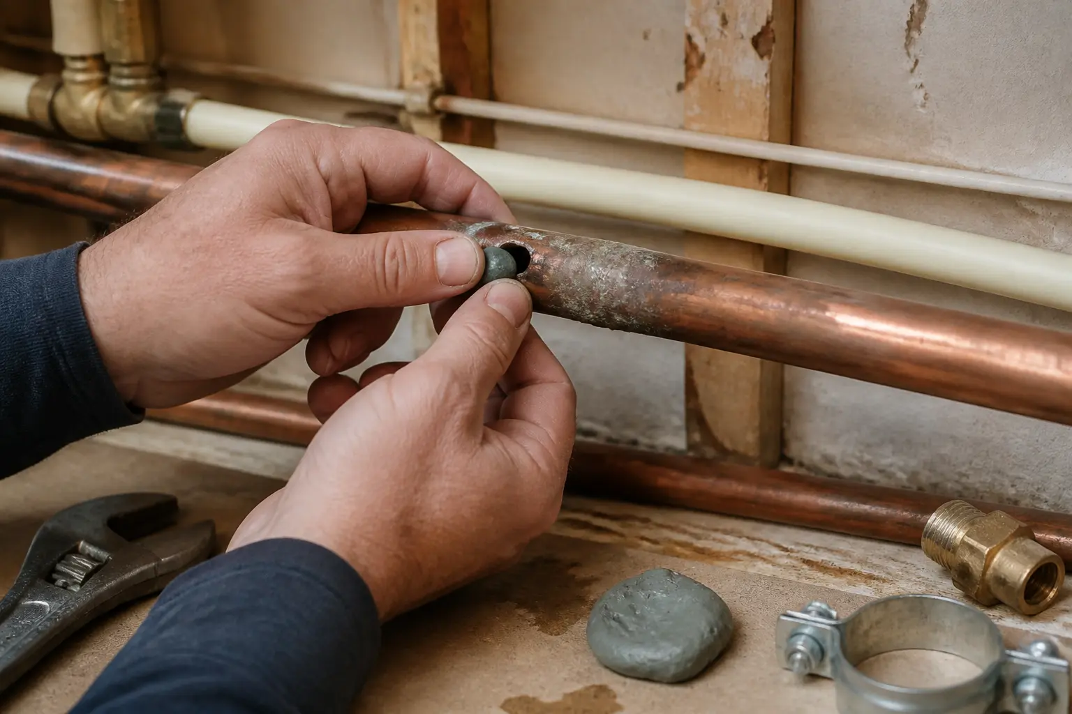 Boucher trou robinet autoperceur sur tuyau d’eau avec outils de plomberie et réparation d’une fuite légère