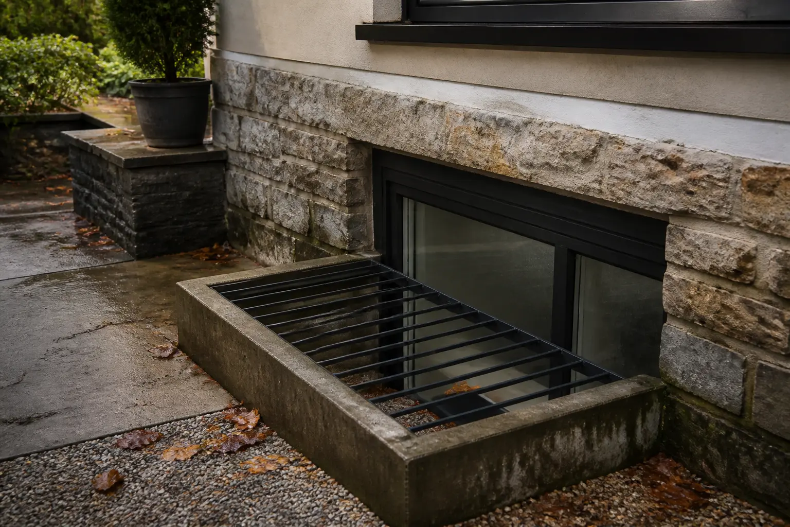 Cave anglaise avec fenêtre enterrée, puits de lumière, grille métallique et traces d’humidité sur mur de sous-sol.