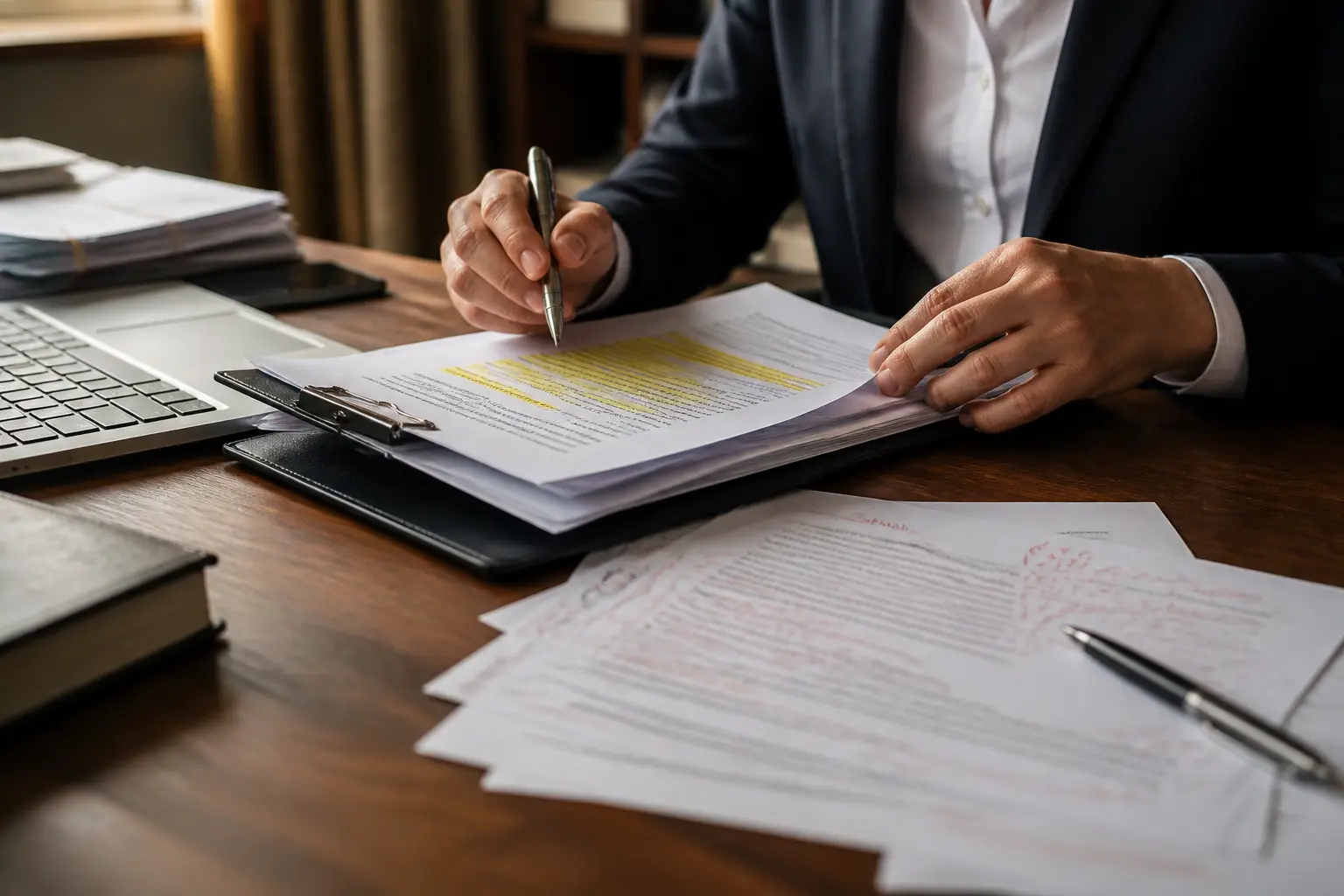 ccag pi : bureau professionnel avec contrat, clauses surlignées, mains comparant des documents et ordinateur portable partiel