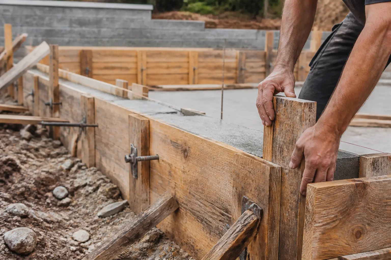 Coffrage planche en bois sur chantier, mains d’artisan assemblant des planches autour d’une dalle béton fraîche.