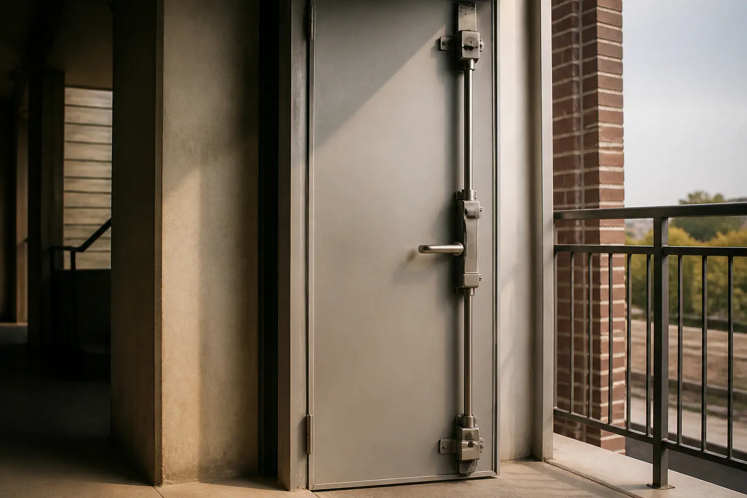 Crémone pompier sur porte coupe-feu moderne, gros plan sur verrous haut et bas, prêt pour l’évacuation.