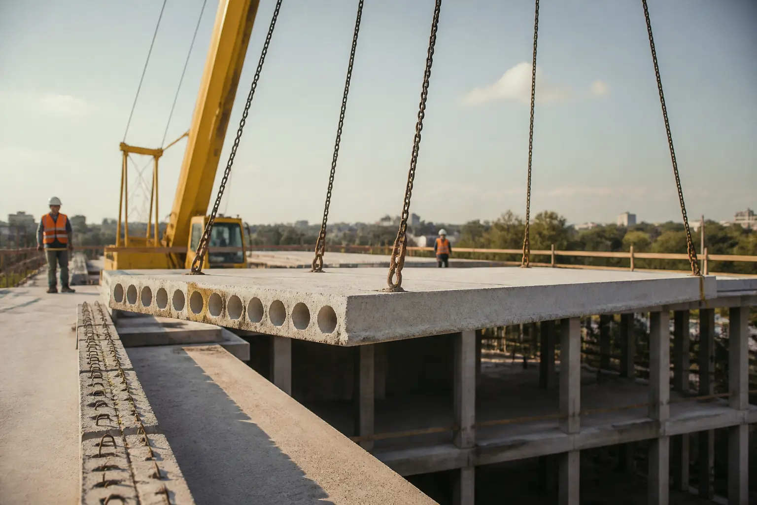 Dalle alvéolée en béton préfabriqué posée par grue sur chantier, avec ouvriers et structure de bâtiment en construction
