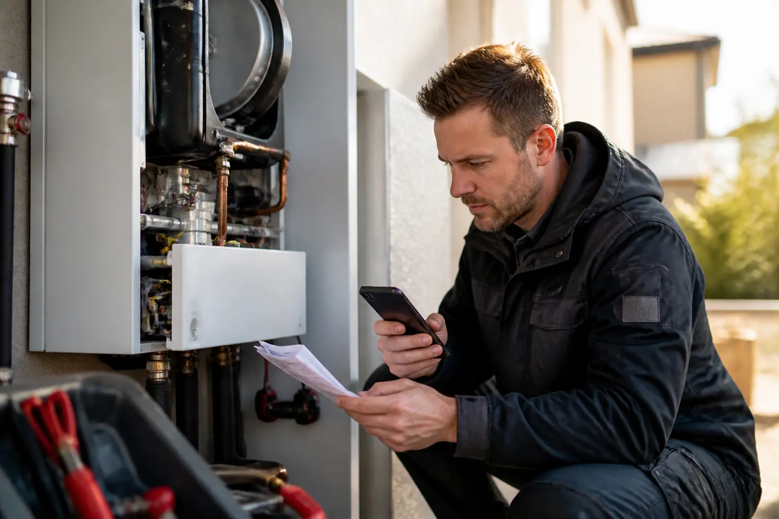 Technicien HVAC sur chantier avec smartphone et document, inspectant une chaudière de dietrich pro en maintenance