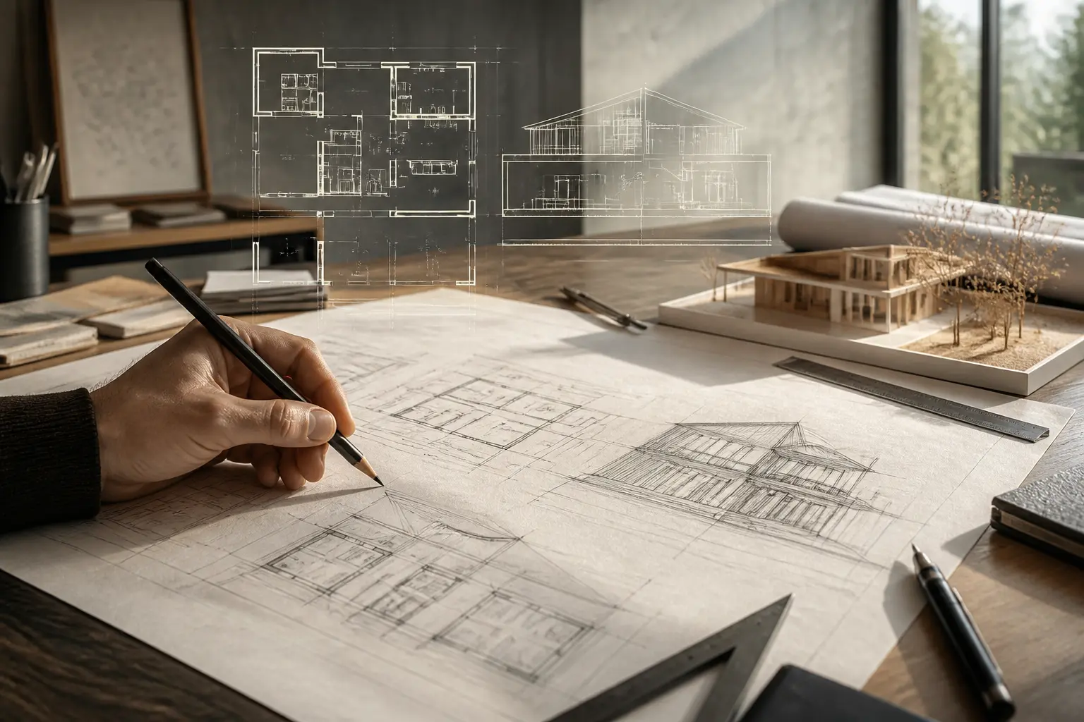 Dessin architecture sur plan technique, main au crayon, maquette et outils dans un bureau moderne lumineux