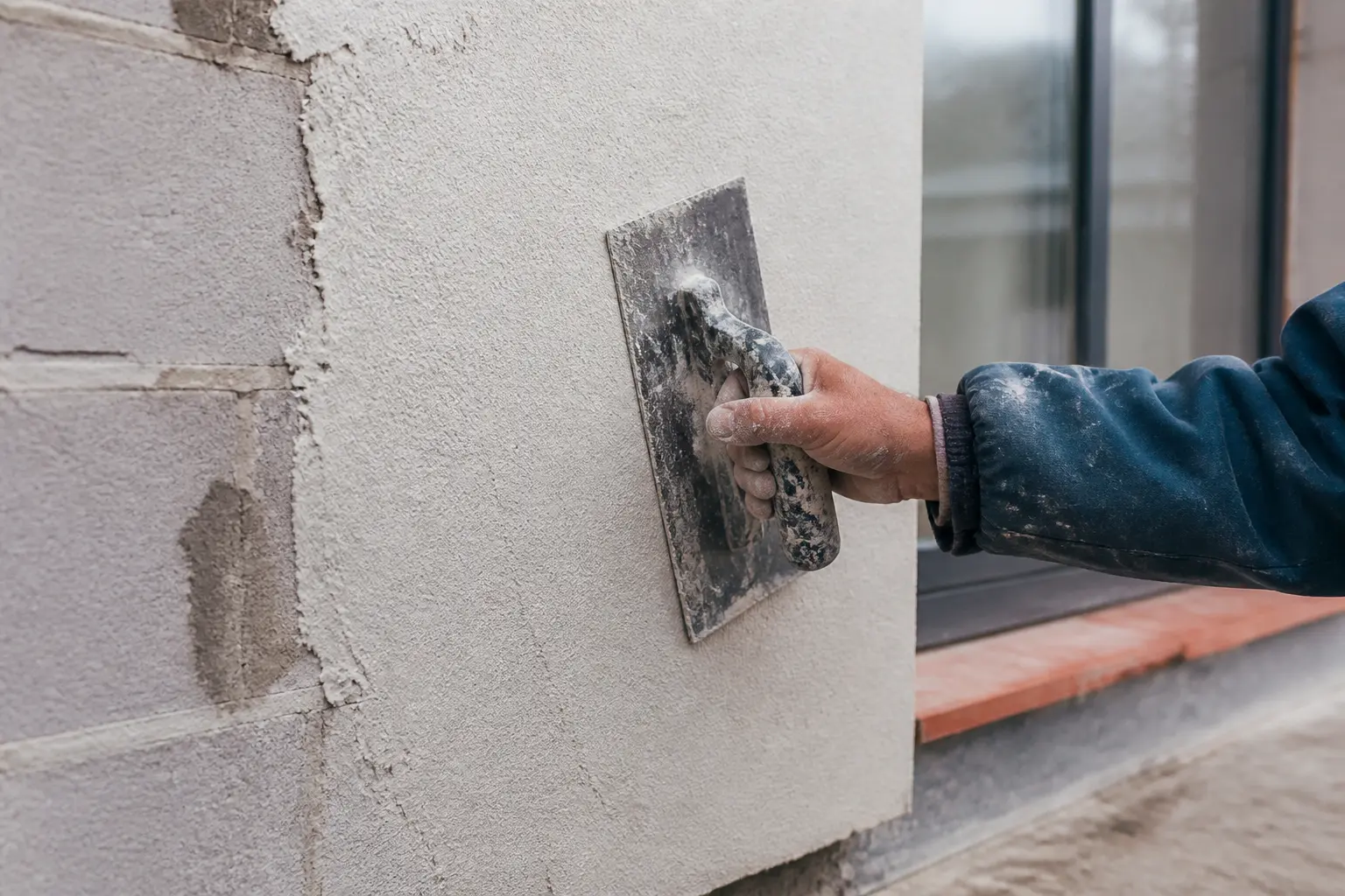Application d’enduit par temps humide sur une façade en maçonnerie, gros plan sur la truelle et la texture fraîche du mur
