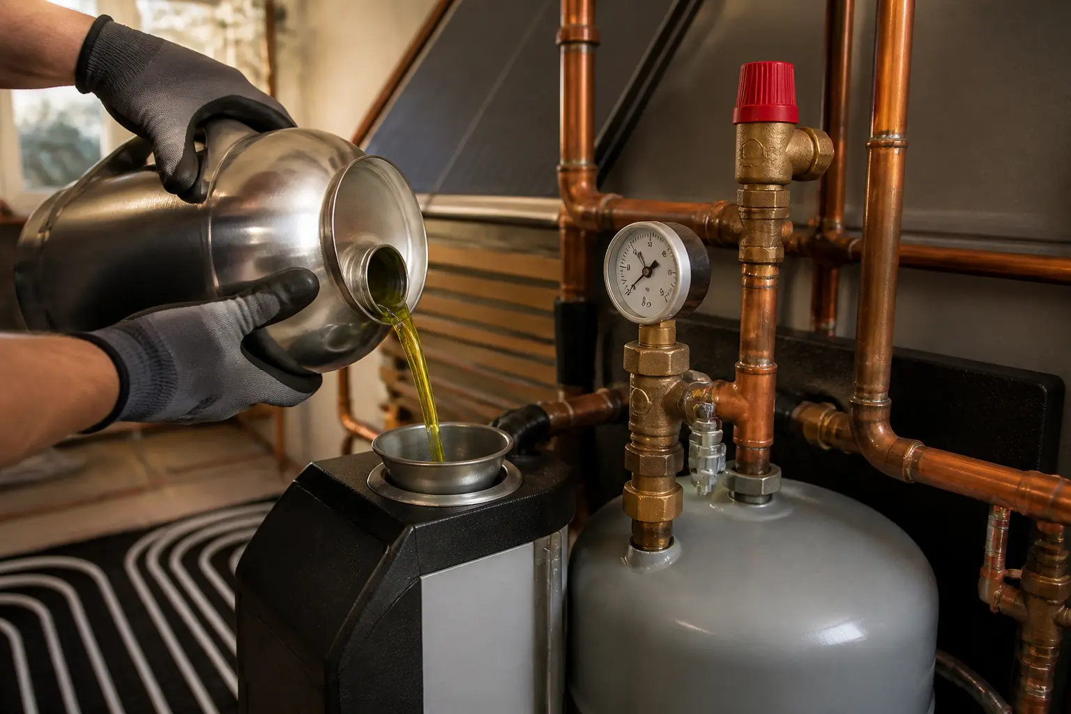Technicien versant du fluide caloporteur dans un circuit de chauffage, avec tuyaux cuivre et manomètre visibles