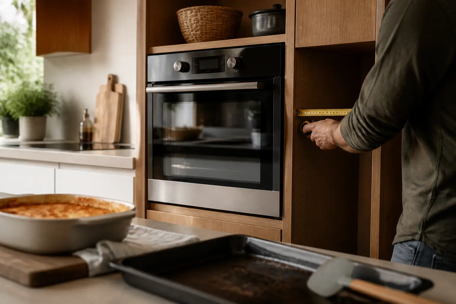Four chaleur tournante encastrable pyrolyse dans une cuisine moderne, mains mesurant l’emplacement avec un mètre ruban.