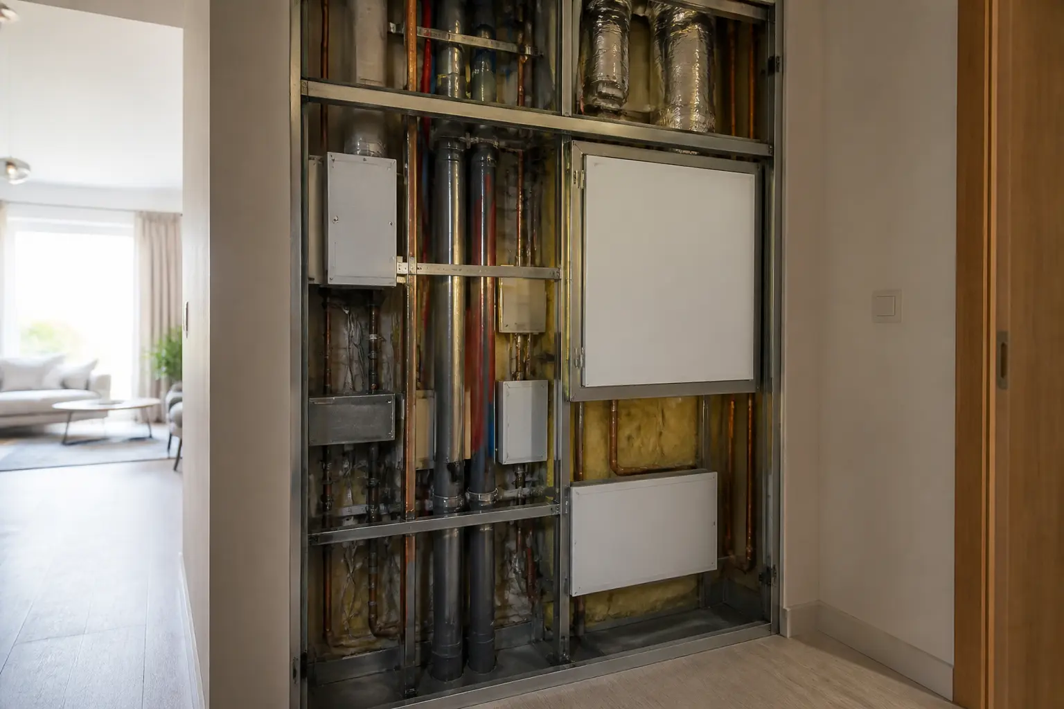 Gaine technique résidentielle moderne avec tuyaux, gaines électriques, ventilation et trappe d’accès sécurisée.